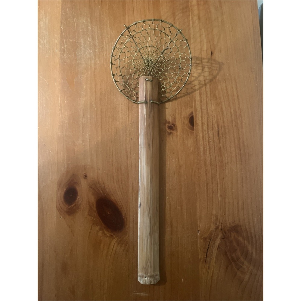 Vintage Twisted Brass Wire Mesh Strainer Spoon 12" Brass Bamboo Handle